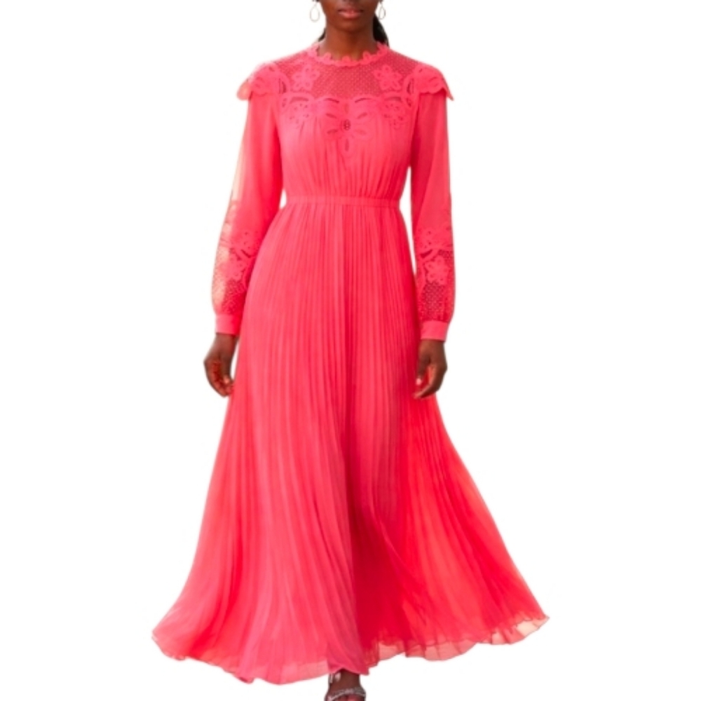 Self-Portrait Coral Pink Chiffon Lace Bib Maxi Pleated Dress – Size US 6 NWT - Picture 2 of 10